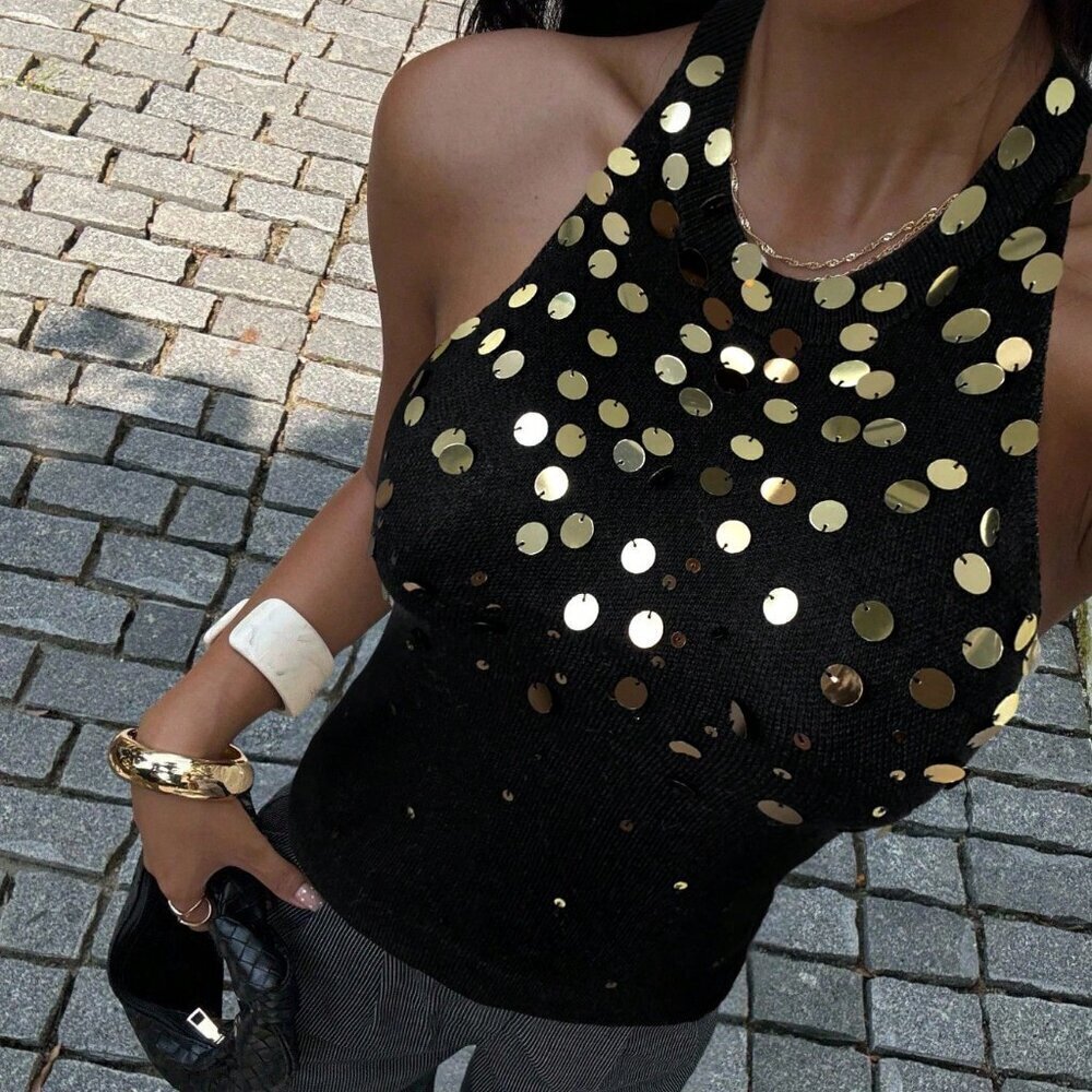 Women's Party Tie Backless Sequin Knit Y2k Chic BlackTop